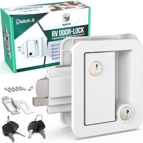 LATCH.IT Weißer Wohnmobil-Türriegel,Wohnmobil-Türschlösser für Reiseanhänger,100% Metall Camper Türschloss 4 Wohnmobilschlüssel,Anhängertürschloss nur passend für 7x9.5 cm Türschlossloch