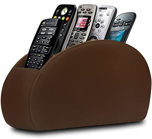 Supporto per telecomando in pelle con 5 scomparti per TV, organizer da scrivania per controller, occhiali e lettore multimediale, portapenne (marrone)