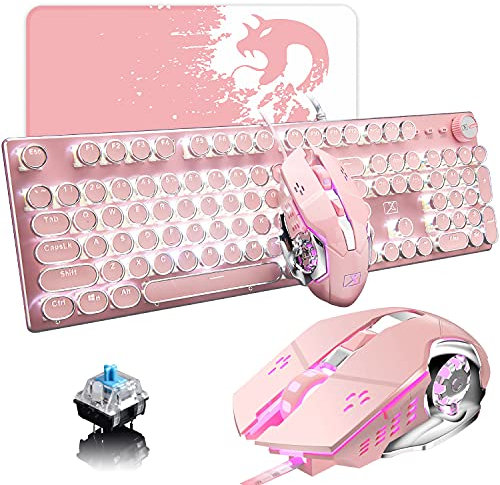 USB-Tastatur mit Kabel, mechanisch, blauer Schalter, Retro, Steampunk, Vintage, Schreibmaschinen-Stil, weiße LED-Hintergrundbeleuchtung, 104 Tasten, Anti-Ghosting + 2400 dpi, 6 Tasten, Gaming-Maus