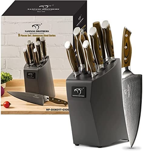 NANFANG Damascus Kitchen Knife Set, 9PCS Japanese Professional Chef Knives with Beech Knife Block, 67 Layers VG10 Damascus Steel (Grey)