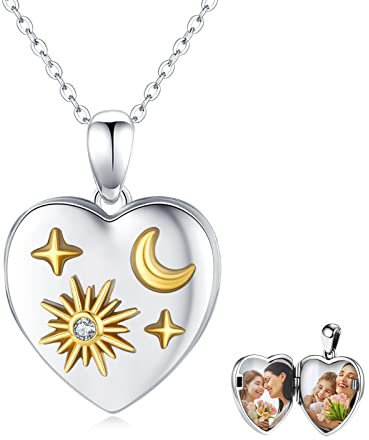 Waysles Herz Medaillon Kette 925 Sterling Silber Foto Medaillon Herz Anhänger Halskette mit Sonne Mond Sterne Amulett Medaillon Halskette Geburtstags Geschenk für Damen Mutter Tochter