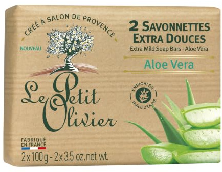 LE PETIT OLIVIER - 2 Savonnettes Extra Douces - Aloe Vera - Parfum de la Région de Grasse - Nettoient la Peau en Douceur - Fabriqué en France - 2x100g