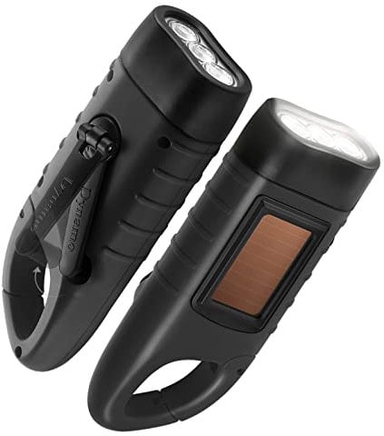 GeeRic 2-Pack Hand Crank Solar Powered Emergency LED Flashlight, Survival Flashlight with Quick Snap Carabiner, Black
