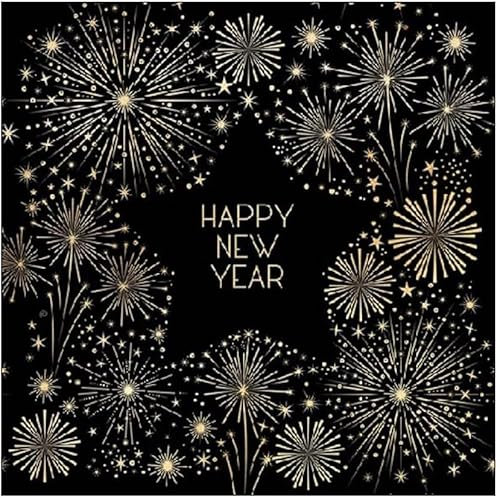 Miss Lovely Servietten Silvester Happy New Year in schwarz & Gold mit Sternen & Feuerwerk - 33x 33cm - Silvester-Deko Tisch-Dekoration Silvester Neujahr Silvester-Party Tisch-Dekoration 20 Servietten