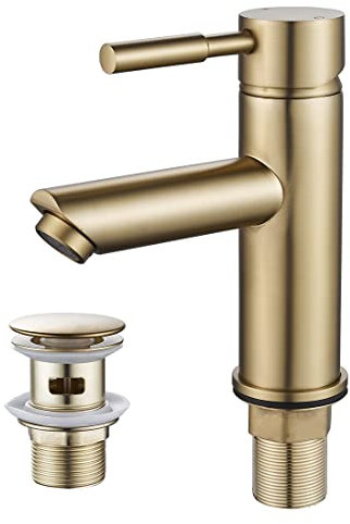 Luckyhome Robinet de lavabo doré avec bonde de vidage, robinet mitigeur d'évier à levier unique en laiton pour eau froide et chaude
