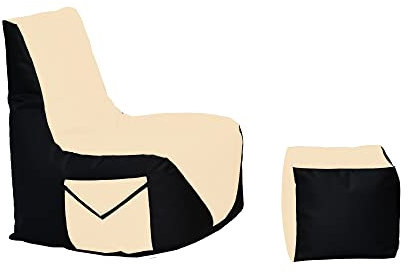 Momiralland Komfort Sitzsack XL - XXL mit Hocker Sitzkissen BodenKissen Sessel In- & Outdoor geeignet Gaming Sitzsack für Erwachsene und Kinder (Schwarz – Beige, XL - Durchmesser 75 cm)