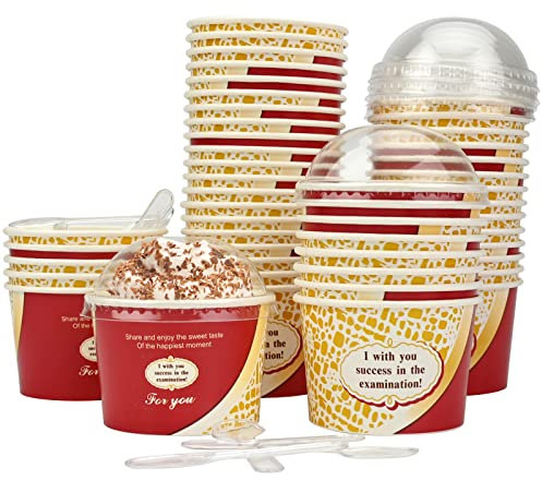 Eisbecher aus Pappe,50 Pcs Eiscreme Becher Container 130ml Wiederverwendbare Papier Eiscreme Wannen Suppe Container mit 50 Pcs Deckel und Schaufeln für Eiscreme gefrorenen Joghurt (Gold)