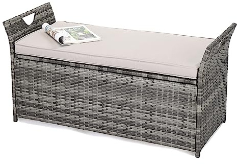 VINGLI Panca portaoggetti da esterno da 40 galloni con cuscino, scatola portaoggetti in rattan, con seduta, per giardino, balcone, veranda, piscina, cortile (telaio grigio + cuscino grigio chiaro)