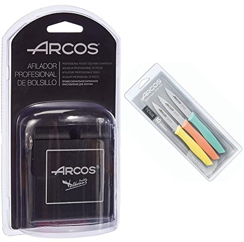 Arcos Afiladores, Afilador Profesional de Bolsillo para Cuchillos, Hecho de Plástico Color Negro & Nova, Cuchillos Mondadores, Acero Inoxidable, Multicolor, 85 mm (Paquete de 3)