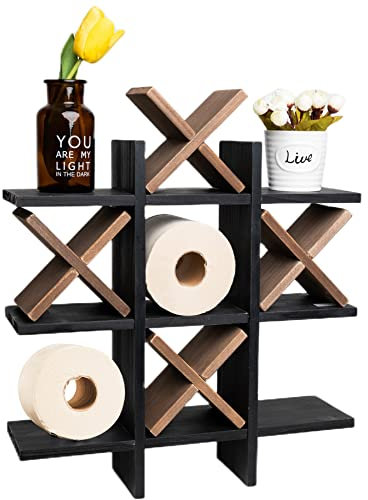 GENMOUS Handmade Tic-tac-Toe Toilet Paper Holder Stand with 4pcs Wooden X, Funny Wall Mounted Toilet Papers Storage with Shelf, Farmhouse Toilet Paper Roll Storage for Guest Bathroom Décor