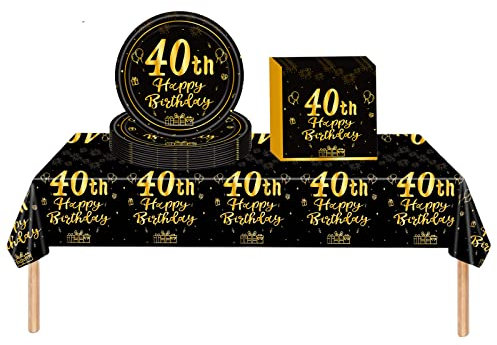 Black Gold 40th Birthday Plastic Table Cloth,Paper Plates Napkins Tableware Set,37P Table Decorations Disposable Tableware Kit for Women,Men,Lady,Him,Her 40th Birthday Gifts Party Décor