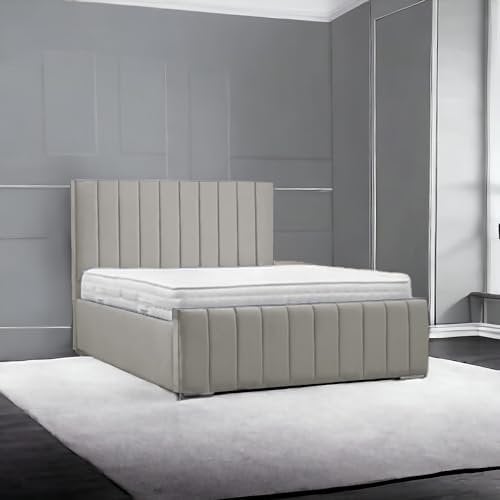 Living Comfort Bedz | Zurich Plush Velvet Bed – Elegant Vertical Lined Headboard & Footboard with Silver Trim Detailing (Cream, 3FT Single No Storage Slat Base No Mattress)