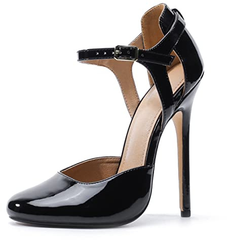 Yinghesheng Damen Pumps 15cm Stiletto Lack Leather High Heels Knöchelriemen Spangen Sandalen,Black patent Leather,46 EU
