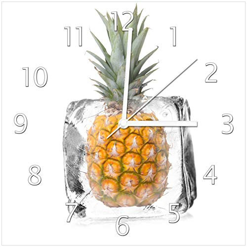 Wallario Design-Wanduhr Ananas in Eiswürfel - Eiskaltes Obst aus Glas, Motiv-Uhr Größe 30 x 30 cm, weiße Zeiger