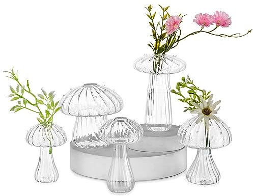 Pilz Deko Glas Vase Klar: Hewory 5er Fliegenpilz Pilze Kleine Vasen für Tischdeko, Mini Vasen Set Glas Vasen Deko Aesthetic Vase für Wohnzimmer Modern Schlafzimmer Cottagecore Deko Mushroom Decor