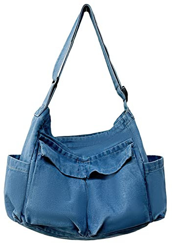 LassZone Schultertasche aus Segeltuch für Damen, große Kapazität, Crossbody-Tasche, mehrere Taschen, Kuriertasche, Reisetasche, Denim-Tragetasche, Hell, blau