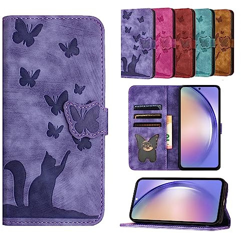 TEDTIKJT Cover Samsung Galaxy S22 Ultra PU Leather Flip Wallet Card Slot Magnetic Protective Phone Case for Samsung Galaxy S22 Ultra Butterfly Cat Pattern - Purple
