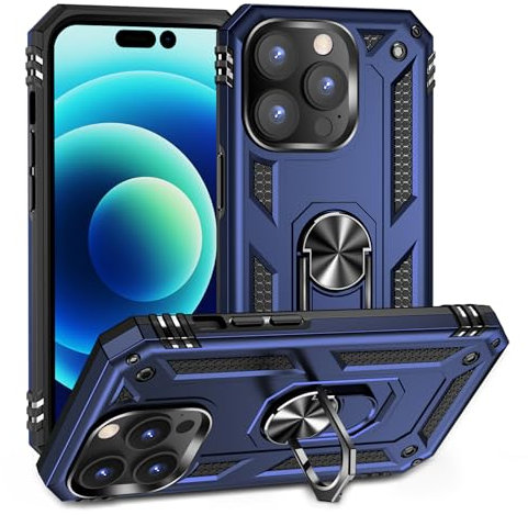 BestST Funda para iPhone 14 Pro 6.1 + HD Protector de Pantalla,con Anillo Soporte, Robusta Carcasa Híbrida TPU PC de Doble Capa Anti-arañazos Caso para Apple iPhone 14 Pro 6.1,Azul