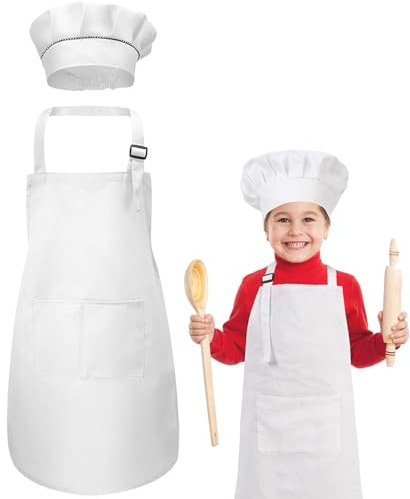 ZEACCT 2 uds Gorro de Cocinero con Delantal para Niños, Gorro de Cocinero con Delantal Artístico para Niños, con Bolsillos para Cocinar, Hornear Y Pintar de 7 a 13 Años - Blanco