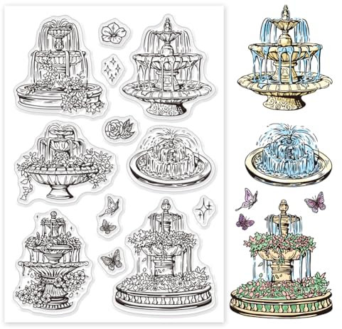 GLOBLELAND Transparente Stempel im Retro-Stil für Gartenbrunnen und Blumen, für Bastelarbeiten, Scrapbooking, Blume, Schmetterling, Silikonstempel, Siegel, transparenter Stempel für Kartenherstellung,