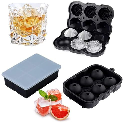 Set of 3 Ice Cube Silicon Tray Set with Lid, (4 Shapes Available:Large Ice Cube,Sphere,Rose and Diamond) BPA Free, for Baby Food, Chilled Drinks, Whisky & Cocktails, Housewarming, Gift, Party