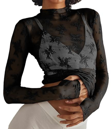 Mesh Sexy Tops for Women Lace Long Sleeve Tops Floral Sheer Blouse See Through Layering Shirts (XL, Black)