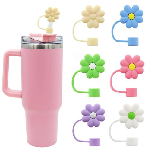 6Pcs Flower Straw Cover Cap for Stanley Cup 30&40 oz, 0.4in 10mm Straw Toppers, Reusable Silicone Straw Covers for Stanley Tumbler Accessories Dust-Proof Straw Tips Protectors (Flower Set)