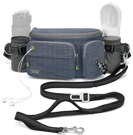 TUDEQU Laisse 4 en 1 mains libres pour chien avec sac banane de marche, ceinture de sécurité pour chien, laisse pour grands chiens, randonnée