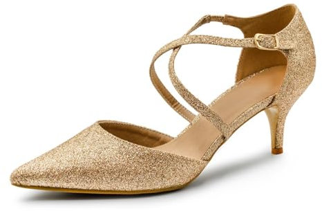 Womens Court Shoes Ankle Strap Low Kitten Heel Shoes Ladies Comfort Plus Large Size Wedding Evening Party Classic Work Shoes Gold Glitter