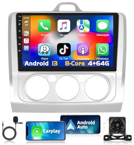 Podofo 4G+64G Carplay Autoradio per Ford Focus Exi MT 2 3 Mk2 Mk3 2004-2011, Autoradio 9'' con Android Auto/GPS/Bluetooth/WiFi/Comandi al Volante/FM/RDS+ Microfono, Argento