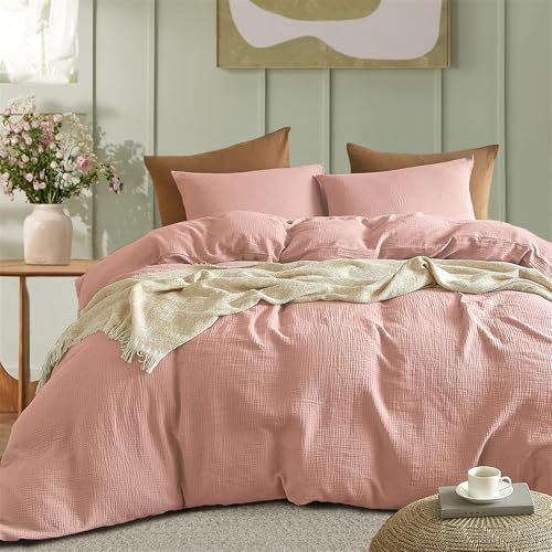 Gezu Muslin Bettwäsche 135x200 cm Rosa 100% Baumwolle Muslin Bettwäsche-Sets Leinen Set Bettbezug mit 1Kissenbezüge 80x80cm Sehr Atmungsaktiv Bequem Bettwäsche Einzelbett mit Reißverschluss