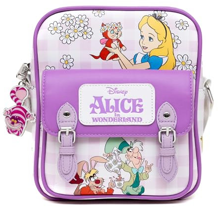 Disney Crossbody-Rucksack aus veganem Leder mit verstellbarem Riemen, Alice im Wunderland Teeparty und Gartenblumen Posen Gingham Lavender, Pink, 7.5 x 9