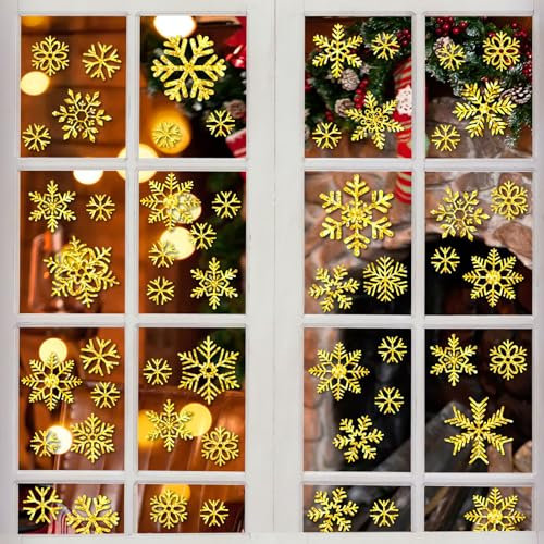 GoldRock Glitzer Schneeflocken Weihnachtsdeko Fenster Gold, 54 Stück Fensterbilder Weihnachten Selbstklebend Groß, Weihnachten Deko Fenster Aufkleber, Schneeflocke Weinachtsdekorationen Winter Window