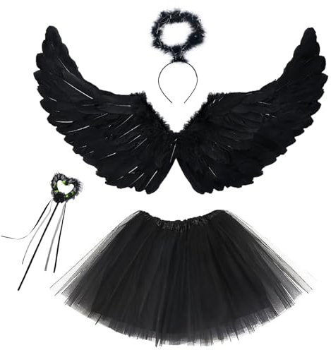 Herspany Alas Angel,60cm Alas de Angel,Alas de Angel Adulto y Niños Con Halo de ángel, Varita y Falda,Plumas de ángel Para Halloween Carnaval Cosplay Fiesta de Disfraces (negro)