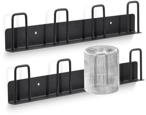 Huakaile Set of 2 Wall Mounted Mug Rack with 8 Hooks, No Drilling Coffee Cup Holder, Metal Adhesive Mug Wall Rack Hanger Cup Storage Organizer for Kitchen Office Bar Display Accessories (Black)