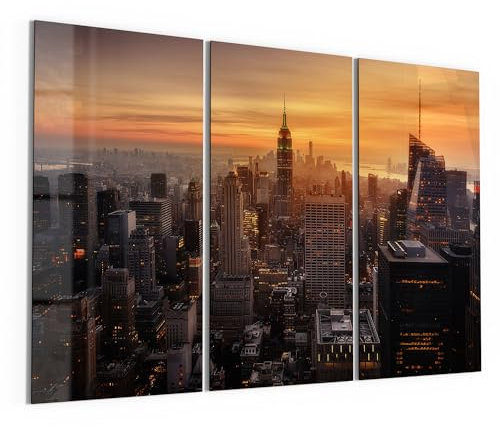 DEQORI Glasbilder Echtglas | Motiv Goldene Stadtsilhouette | horizontal 3-teilig 3x50x100 cm | große XXL Deko | Wandbilder für Wohnzimmer, Schlafzimmer, Flur & Küche | moderne Wanddeko