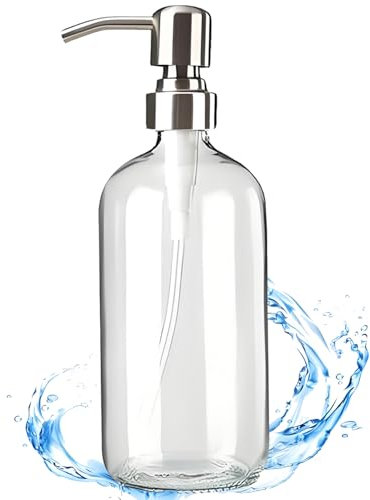 ALMNCBH Clear Glass Soap Dispenser - Refillable Liquid Hand Lotion Dispenser for Kitchen Bathroom with Rust Proof Stainless Steel Pump (17OZ/ 500ML) (1 Pack)