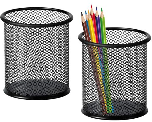 Mgood 2 Pack Pen Holder, Round Metal Mesh Pen Pot, Durable Stationary Organiser, Multifunctional Pencil Pot for School, Home, Office, Black