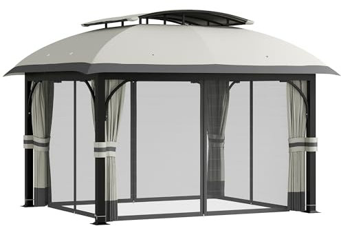 Outsunny Pavillon mit Doppeldach, 4x3,3 m Wasserabweisend Stabil Winterfest Gartenpavillon mit Moskitonetz, Seitenteile, Garten-Pavillon aus verzinktem Metall, für Garten, Terrasse, Hellgrau