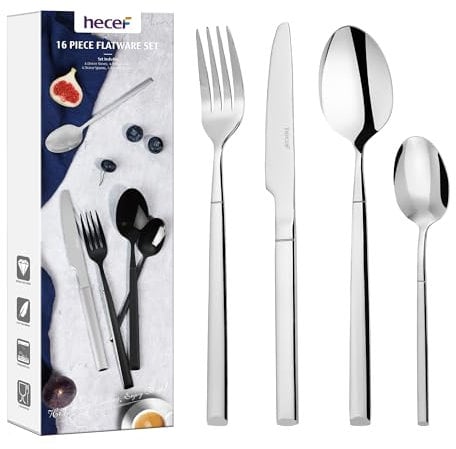 hecef 16-Piece Reusable Cutlery Set – Stainless Steel Tableware with Mirror Polish Finish, Includes Knives, Forks, Spoons & Teaspoons for 4 Place Settings/Dishwasher Safe/Silver