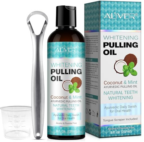 Mint Oil Pulling Mouthwash with Tongue Scraper - Natural Coconut Oil Pulling for Teeth Whitening, Fresh Breath, Teeth Whitening and Healthier Teeth & Gum (237ml(Pack of 1))