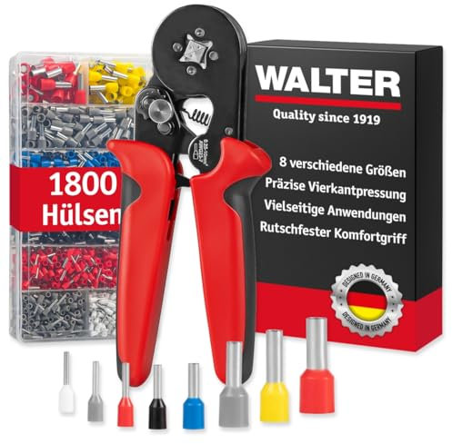 WALTER Crimpzangenset mit 1800 Aderendhülsen – Profi Crimpzange für 0,5–10 mm² – inkl. Sortimentsbox – langlebig, präzise & kraftsparend – für Kabelverbindungen aller Art