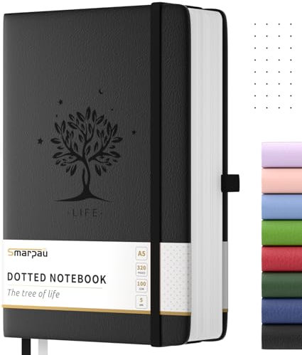 Smarpau Notizbuch A5 Gepunktetes, Hardcover Bullet Journal mit 100gsm 320 Seiten Papie, Tagebuch Leder, Notizblock für Erwachsene Arbeit, Schreiben, Notizen, Lernen, Reisen, 14.5 x 21 cm -Schwarz