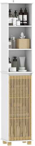HOMCOM Colonne Salle de Bain, Meuble Salle de Bain Rangement, Meuble de Rangement avec Porte à Lattes en Bambou et Compartiments Ouverts, Armoire Haute pour Salon, Cuisine - 35 x 26 x 173 cm, Blanc