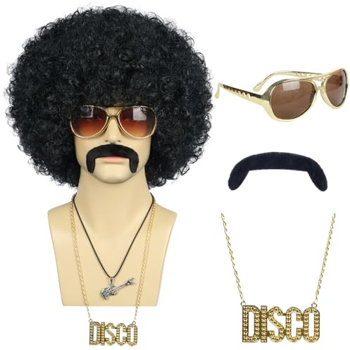 VGbeaty Männer Kurzwelle Schwarze Perücke | mit Brille und Schnurrbart und Gold Halskette Afro 70er Jahre 80er Jahre Disco Perücke für Halloween Kostüm Party