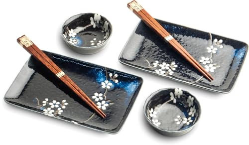 JAPAN ORIENTAL SUSHI TELLER SET | Sushi Geschirr Set | 6-teiliges Sushi-Set für 2 Personen | Sushi-Teller, Schalen und Essstäbchen in verschiedenen Asia Designs - Made in Japan (Anemone blau)