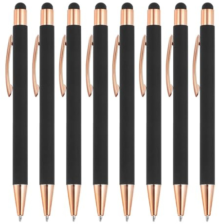 8 Stück Kugelschreiber mit Touchpen, 2 in 1 Ergonomische Druckkugelschreibe Set Mit Rutschfester Griffzone, Metall-Set für Büro und Haushalt (Schwarz)