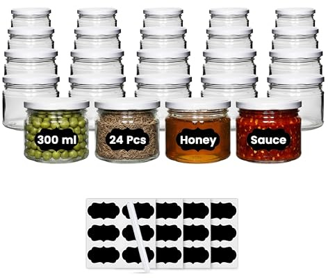 Amajoy Lot de 24 bocaux de conservation de 300 ml avec couvercle à visser, bocaux à confiture, pots à miel, contenants en verre