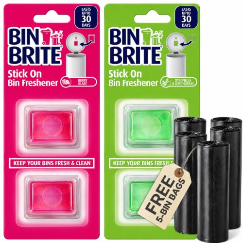 4x Stick On Bin Fresheners Berry Blast with Citronella & Lemongrass + 5 Rolls Bin Bags, Long Lasting Bin Air Freshener Deodoriser for Kitchen Bins, Wheelie Bins, Swing & Pedal Bins, Random Colours