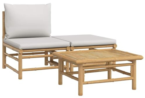 GeenYuu Ensemble de 3 pièces salon de jardin en bambou avec coussins gris clair pour siège extérieur, mobilier de patio modulaire avec table, canapé d'extérieur et repose-pieds pour terrasse et cour